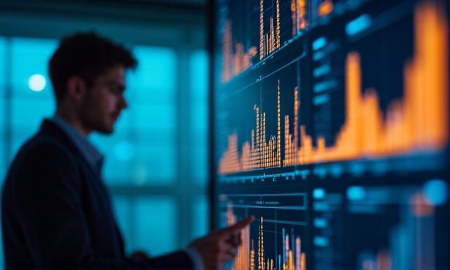 Close up of a data analyst pointing at high-tech data visualization charts