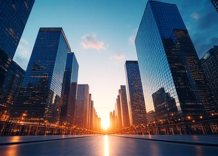 Financial district skyline with data overlay