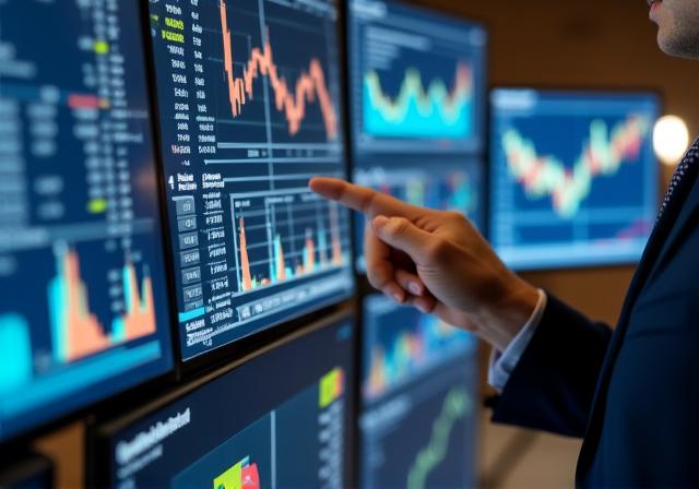 Close up of professional analyzing complex data trends on a multi-monitor setup