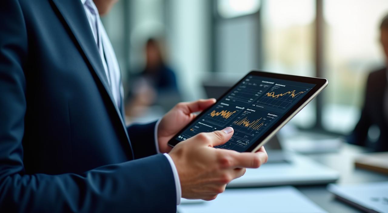 Close up of a professional analyzing digital business analytics on a tablet